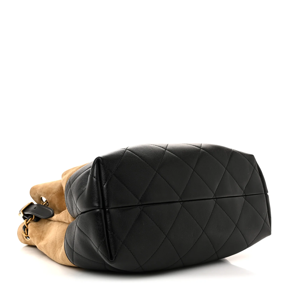 Chanel Suede Calfskin Shiny Lambskin Quilted Shopping Bag Beige Black