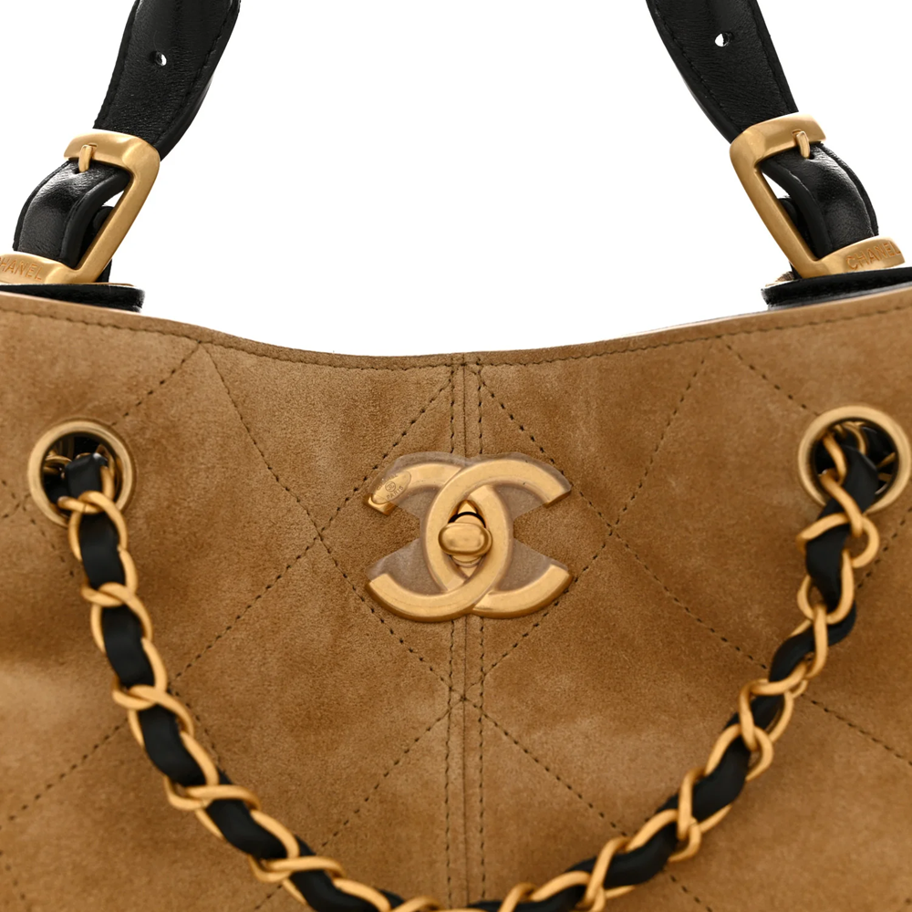 Chanel Suede Calfskin Shiny Lambskin Quilted Shopping Bag Beige Black