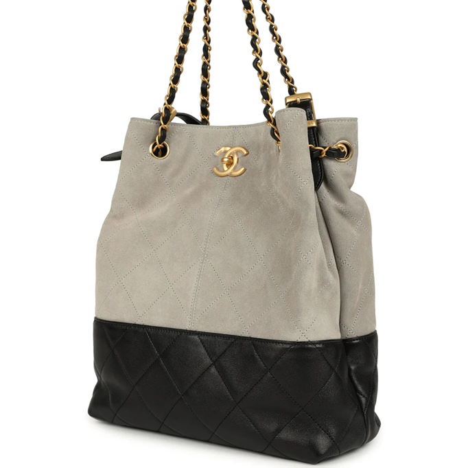 Chanel Suede Calfskin Shiny Lambskin Quilted Shopping Bag Dark Gray