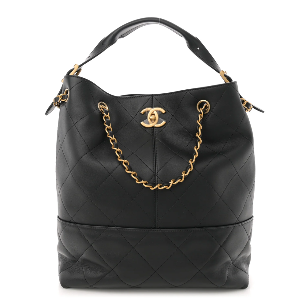 Chanel Suede Calfskin Shiny Lambskin Quilted Shopping Bag Black