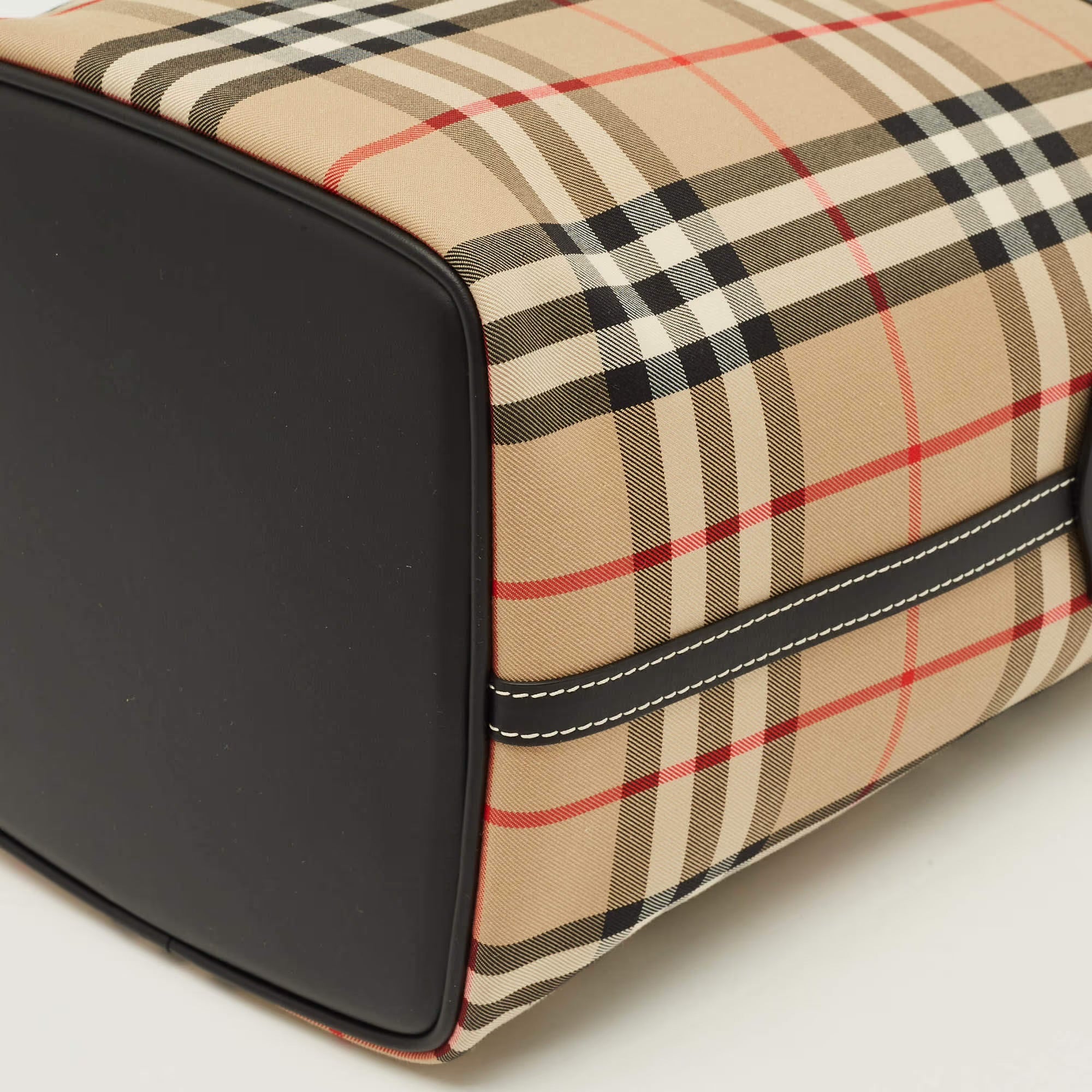 Burberry Ashby Archive Beige Check Fabric and Leather Bucket Bag