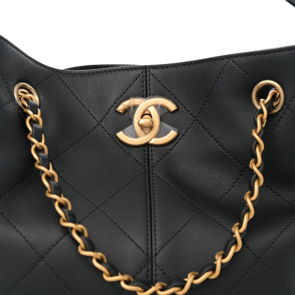 Chanel Suede Calfskin Shiny Lambskin Quilted Shopping Bag Black