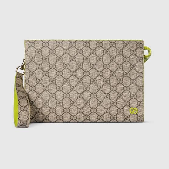Gucci Acid green trim small pouch in beige and dark brown Supreme