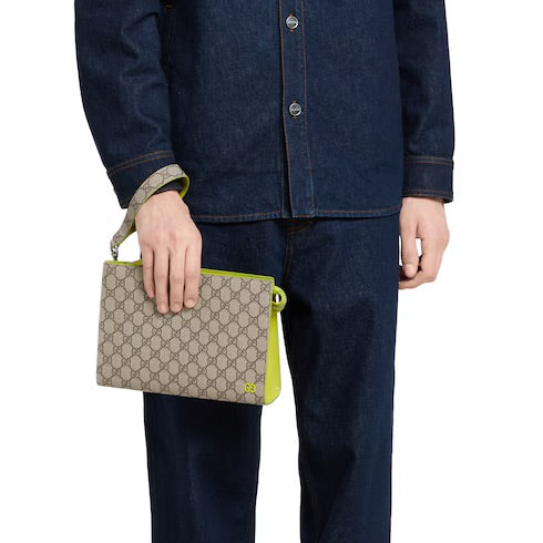 Gucci Acid green trim small pouch in beige and dark brown Supreme