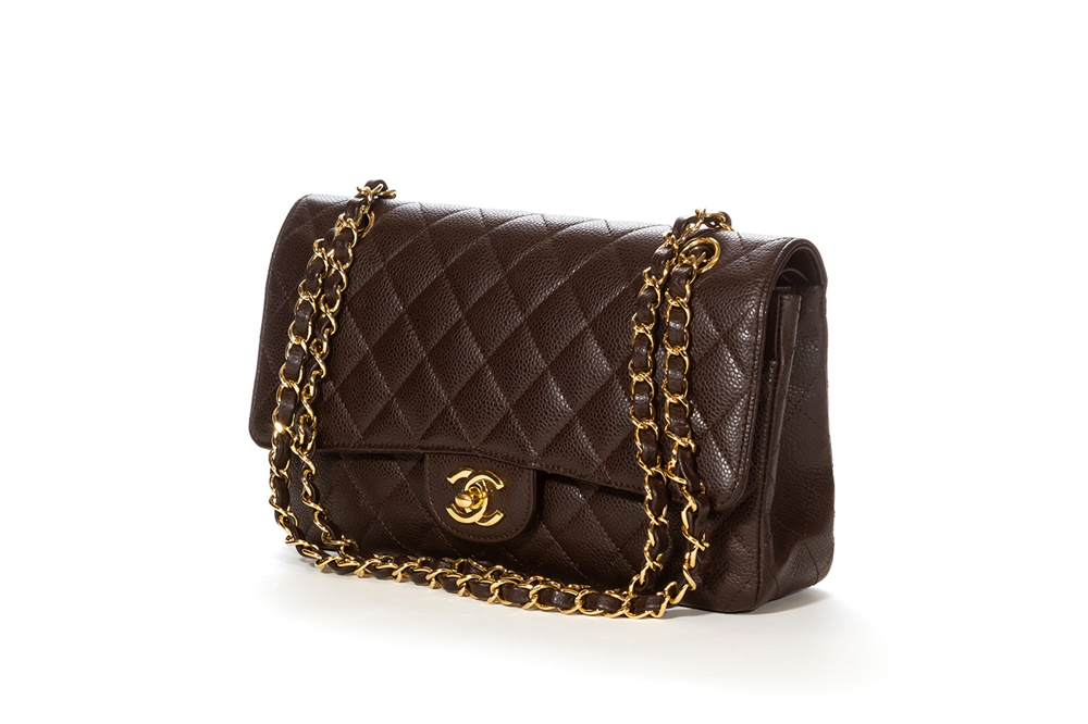 CHANEL Classic Quilted Double Flap Medium Brown Caviar Leather Shoulder Bag