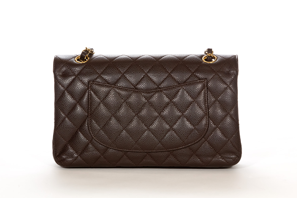 CHANEL Classic Quilted Double Flap Medium Brown Caviar Leather Shoulder Bag