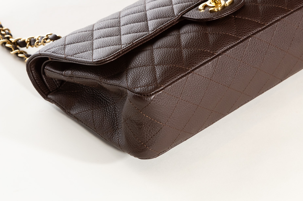 CHANEL Classic Quilted Double Flap Medium Brown Caviar Leather Shoulder Bag