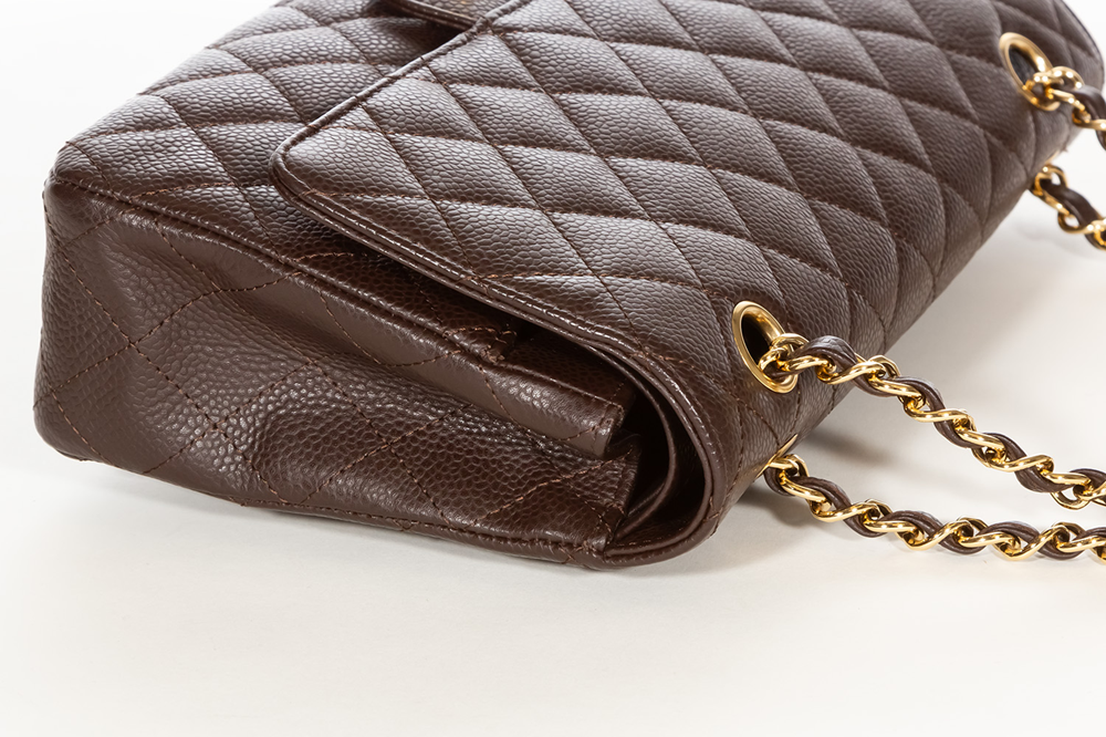 CHANEL Classic Quilted Double Flap Medium Brown Caviar Leather Shoulder Bag