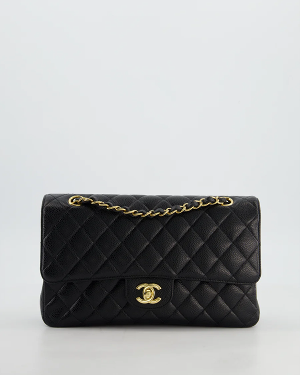 CHANEL Classic Quilted Double Flap Medium Black Caviar Leather Shoulder Bag