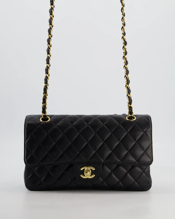 CHANEL Classic Quilted Double Flap Medium Black Caviar Leather Shoulder Bag