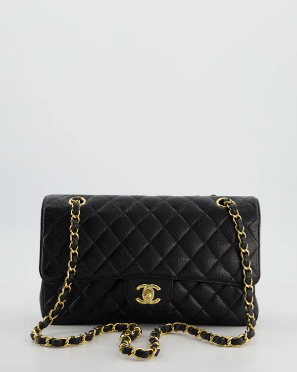 CHANEL Classic Quilted Double Flap Medium Black Caviar Leather Shoulder Bag