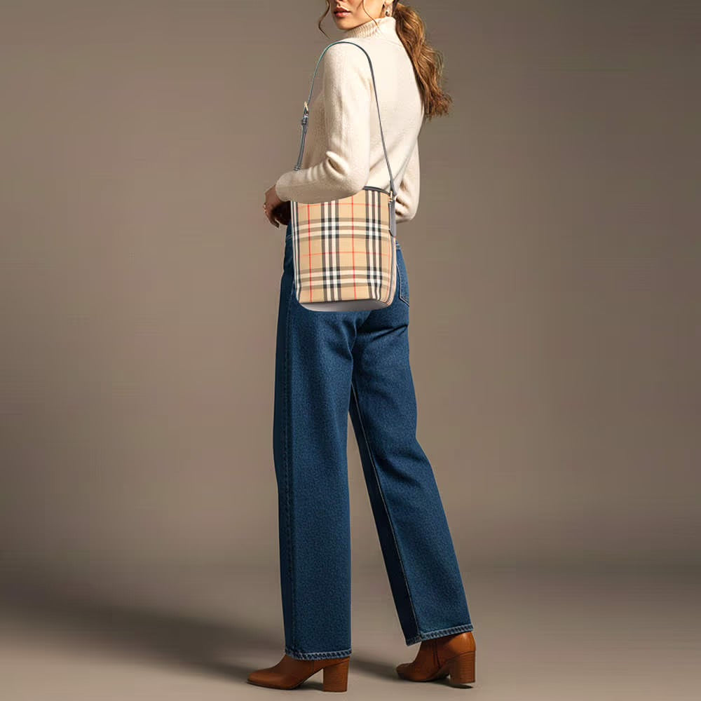 Burberry Ashby Archive Beige Check Fabric and Leather Bucket Bag