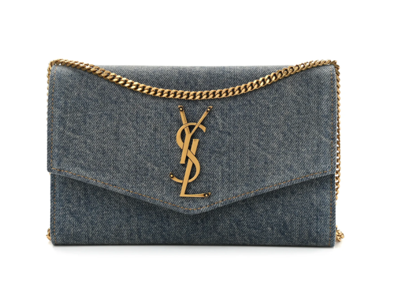 Saint Laurent  Denim Monogram Chain Wallet Rodeo Blue Cinnamon