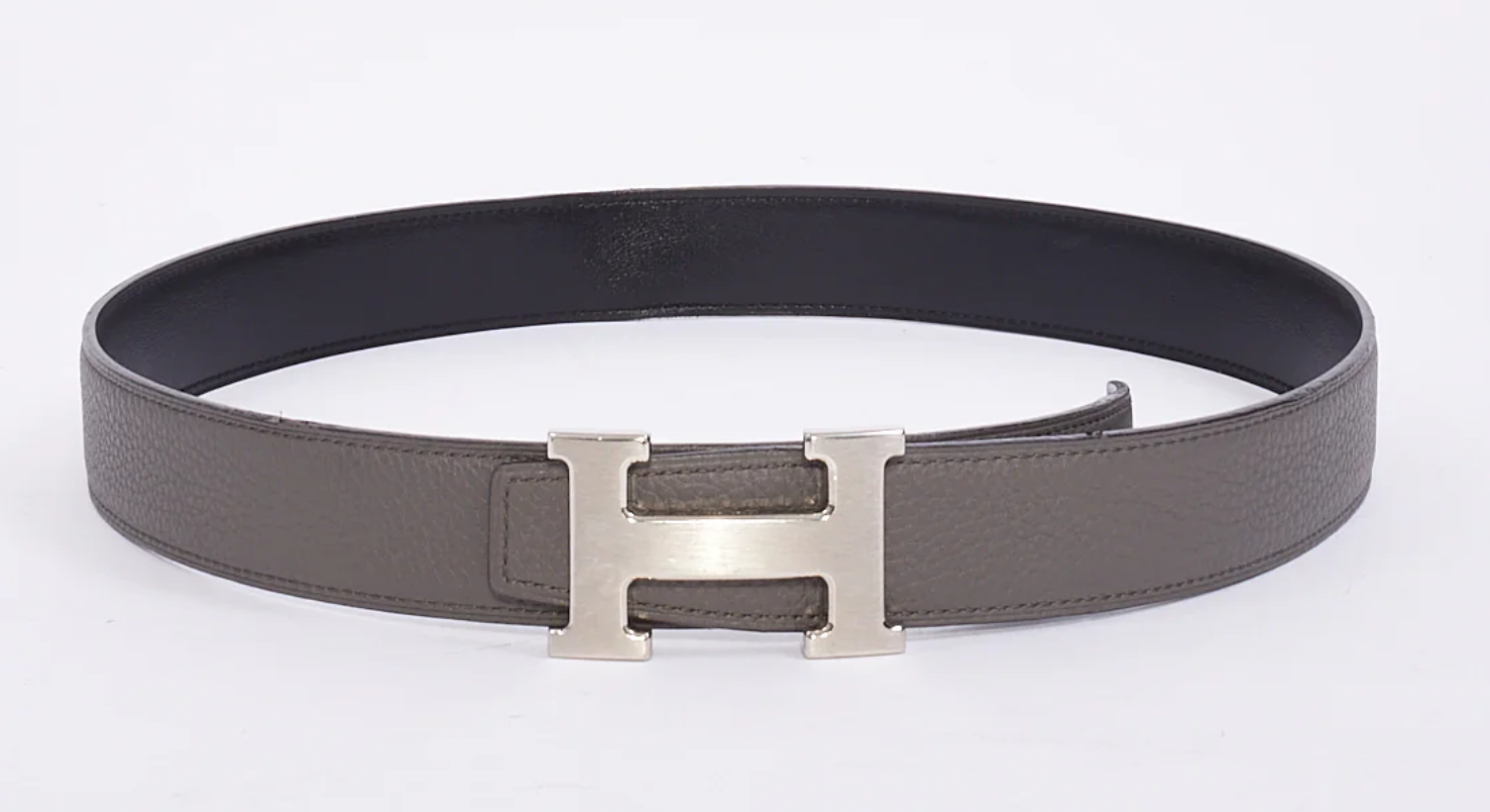 Hermes Grey & Black Leather Brushed Silver Buckle H Belt