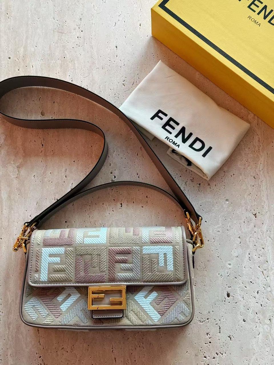Fendi Baguette Medium Canvas bag with multicolour FF embroidery