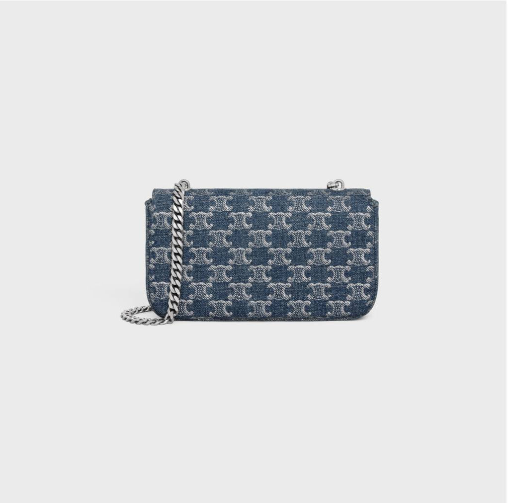 CHAIN SHOULDER BAG CLAUDE IN DENIM WITH TRIOMPHE ALL-OVER